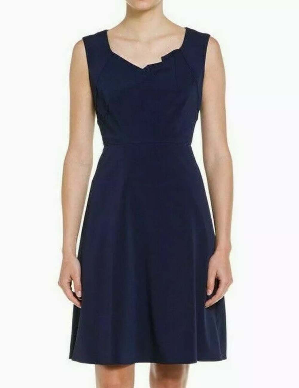 Elie Tahari Ineza Pleat Neck Fit & Flare Dress Size 10 Navy Blue Sleeveless